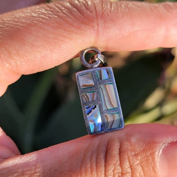 Southwestern vintage abalone shell inlay 925 sterling silver necklace pendant - Picture 10 of 13